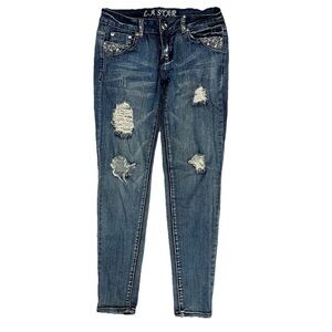 Skinny Blue Denim Jeans Distressed Jewels Back Pocket Gems Y2K Women's Size 7